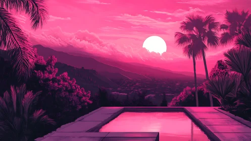 Neon sunset poolside escape over dreamy pink hills.