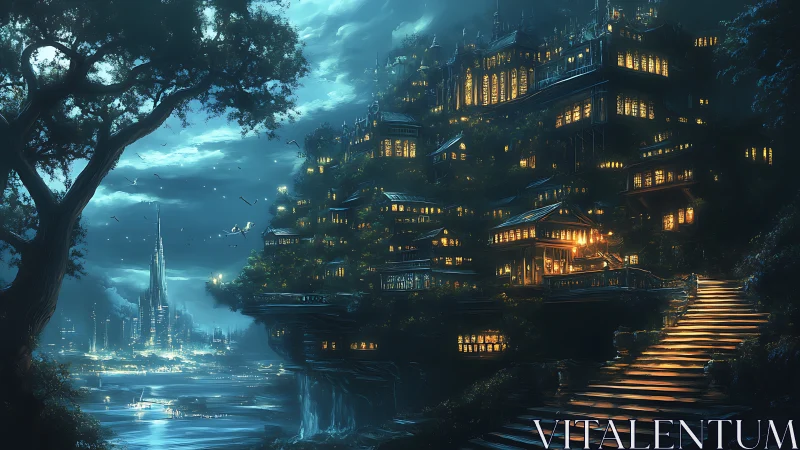 Tiered cliff settlement overlooks illuminated coastal cityscape