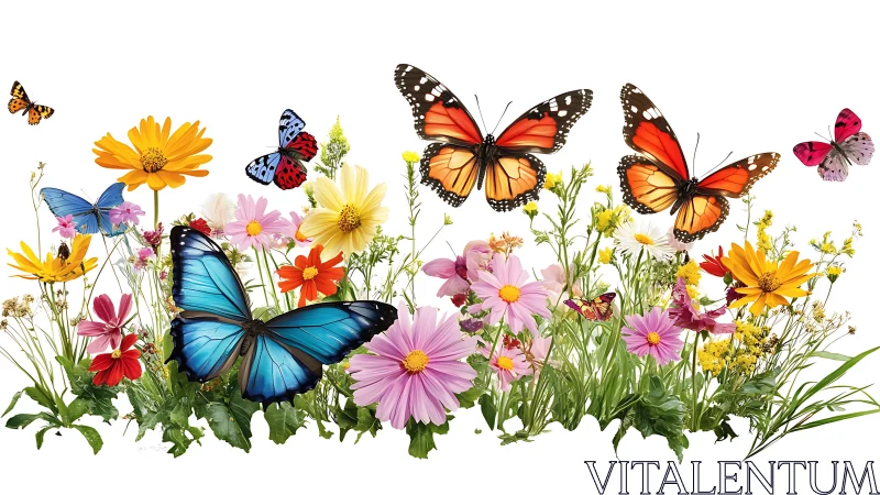 Colorful butterflies dancing over a joyful wildflower garden.