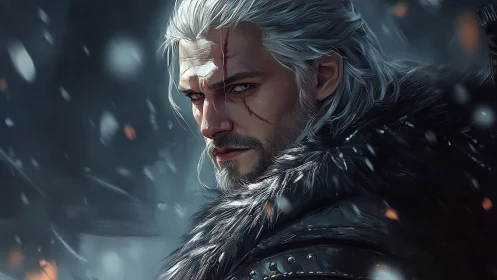 Scarred silver‑haired warrior glares through a stormy blizzard