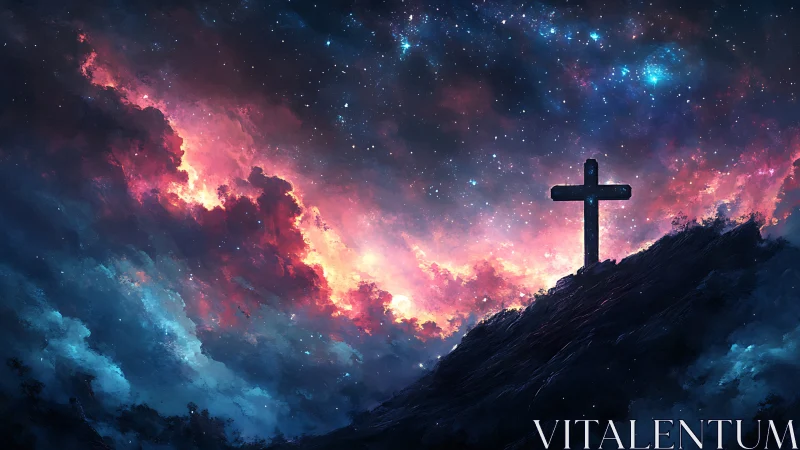 Cross on a starlit hill glowing with gentle cosmic light.