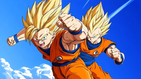 Blazing-haired warriors rocket punch through sapphire skies.