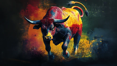 Bull rendered in saturated primary colors on dark ground.