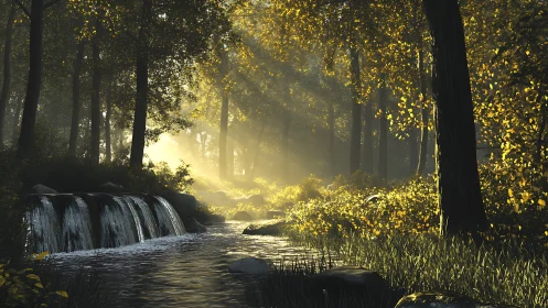 Cascading waterfall illuminated by golden forest canopy light