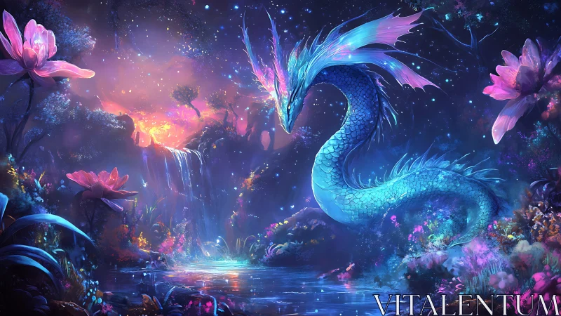 Luminescent river dragon in bioluminescent fantasy grove.