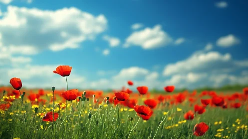 Red poppy field under vivid blue sky with soft clouds.