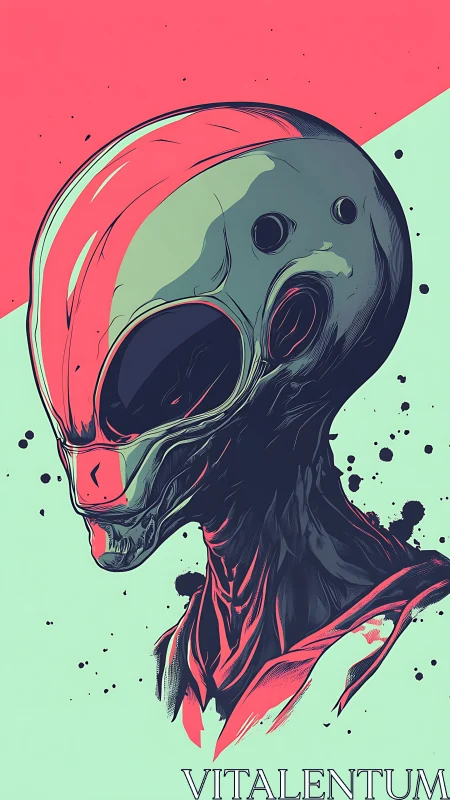 Neon-slashed alien portrait against split pastel void.