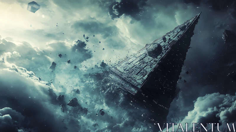 Colossal pyramid starship drifts through fractured nebula sky.