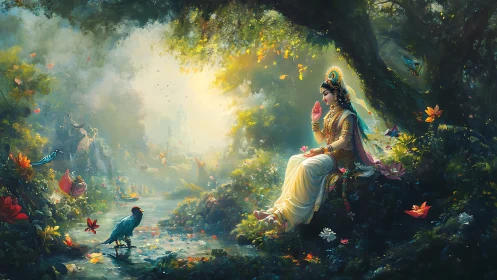 Divine woman sits by forest stream surrounded by birds
