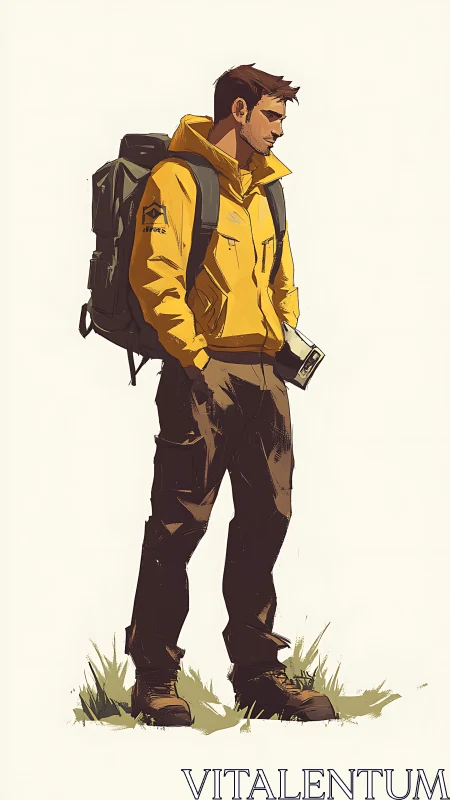 Hiker in yellow jacket and backpack standing on grass.