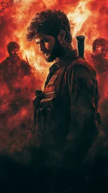 Soldier in fiery battlefield with rifle and tactical vest.