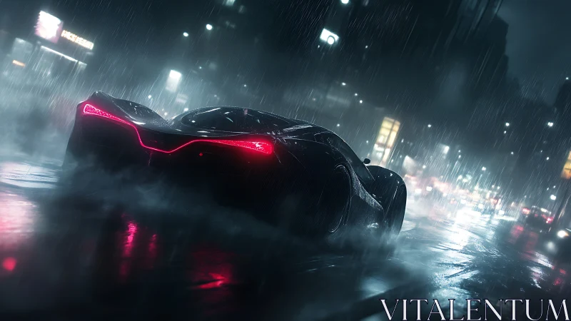 Neon rain crowns a midnight supercar slicing through streets
