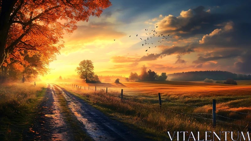 Country dirt road runs through autumn fields at sunset