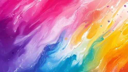 Vibrant rainbow paint currents swirl across fluid canvas.
