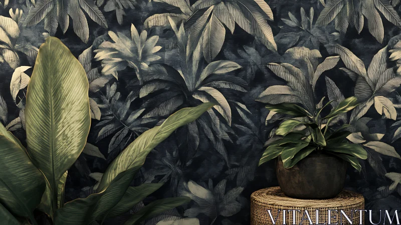 Lush houseplants against moody jungle leaf wallpaper.