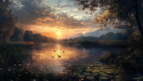 Sunset lake with ducks, trees, reeds, and distant mountains.