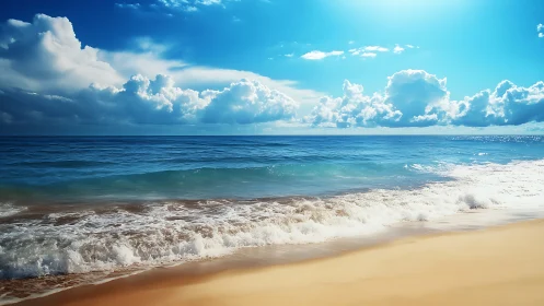 Sunny shoreline with waves under expansive blue sky.