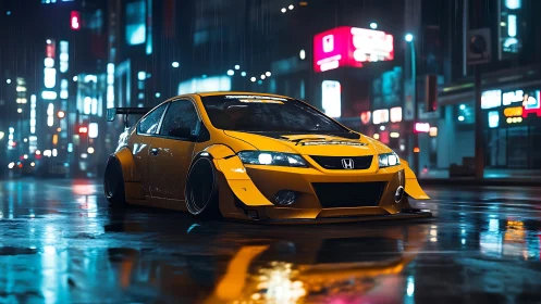 Midnight yellow street missile slicing neon rain slicks.