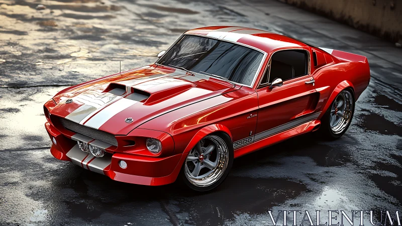 Red classic muscle car on wet asphalt with racing stripes.