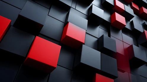 Staggered red and black cubic array with glossy 3D surface shaders