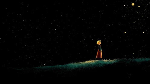 Stylized child silhouette observing dense starfield on sloped grass