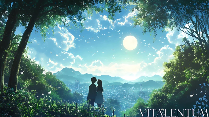 Moonlit overlook of young lovers above a dreaming city.