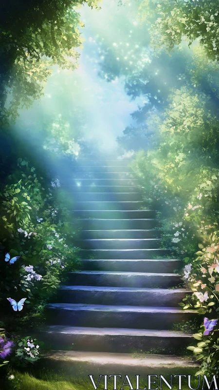 Sunlit garden stairway leading toward a dreamy hidden sky.