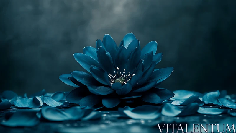 Blue lotus flower with scattered petals in low key lighting.