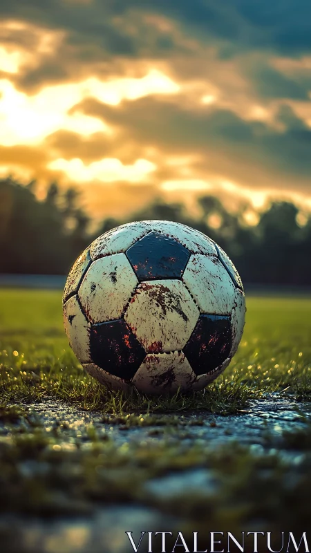 Weathered soccer ball rests on wet grass under cloudy sky