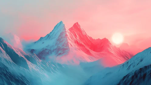 Snow-covered peaks under pink atmospheric lighting at dawn.