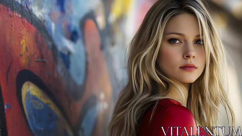 Young woman in red top beside urban graffiti wall.