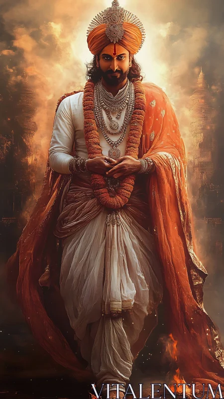 Regal warrior saint in saffron drapery amid blazing aura.