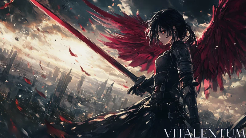 Fierce red winged warrior stands watch above a ruined city