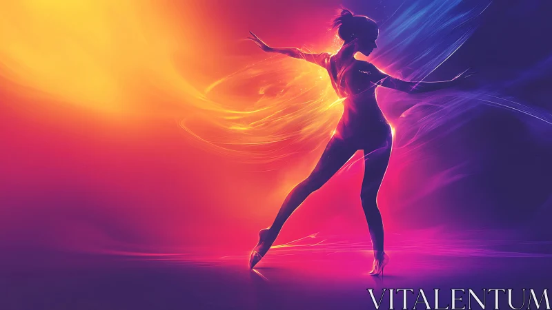 Neon ballerina silhouette arcs through dynamic chromatic light