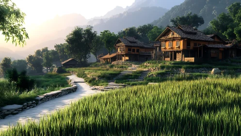Sunlit rural village amid lush terraced rice fields at dawn.