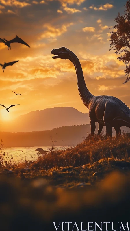 Gentle giant dinosaur wandering through a golden sunset scene.