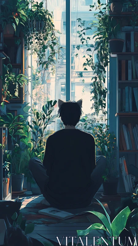 Solitary figure with cat ears in lush window garden room.