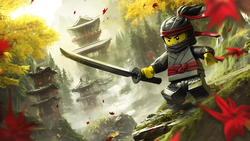 Lego ninja warrior leaps through misty temples in autumn