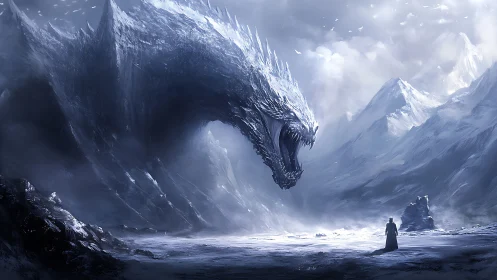 Colossal ice dragon confronting lone figure in frozen valley.