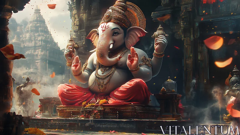 Gentle Ganesha blessing a vibrant, flower lit temple courtyard.