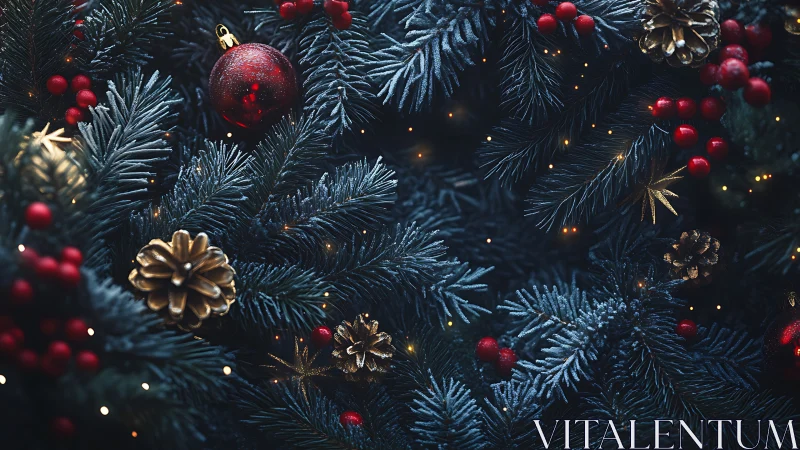 Frosted fir branches with red ornaments and gold pinecones in bokeh