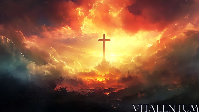 Radiant atmospheric cross amid volumetric apocalyptic clouds.