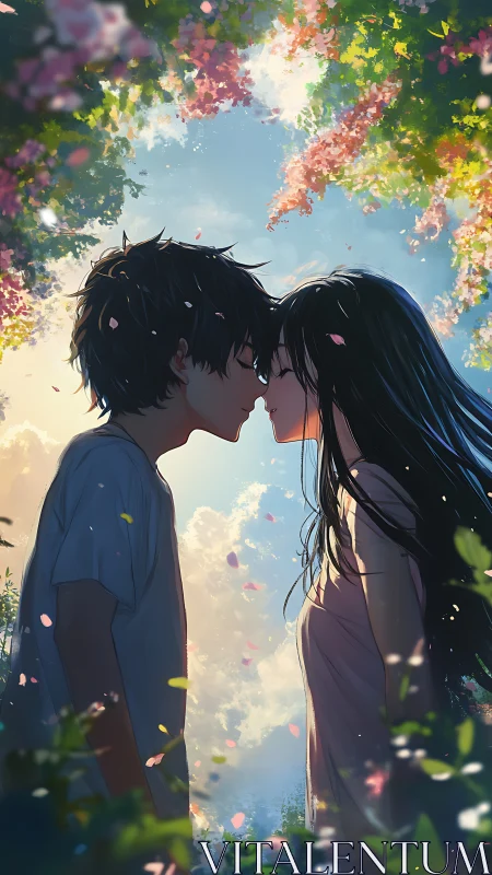 Tender anime couple kissing under bright spring sky.