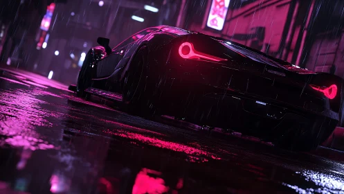 Neon-lit supercar rear view in rain-soaked cyberpunk alley.