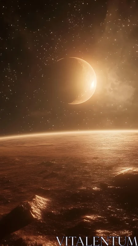 Warm alien sunrise over a glowing copper planet horizon.