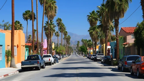Colorful palm-lined street stretches toward distant mountains