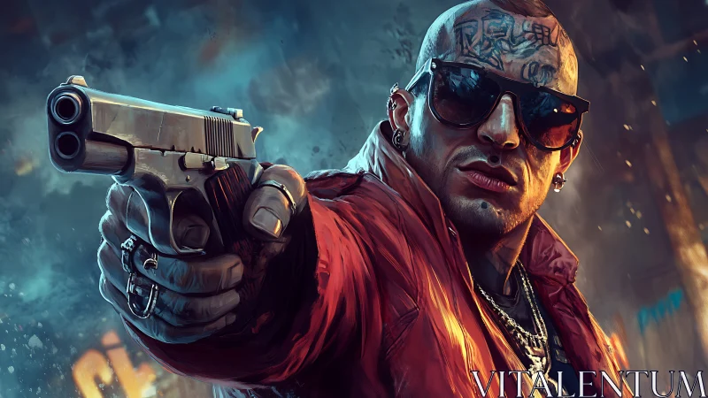 Tattooed gunman in urban alley aiming handgun directly.