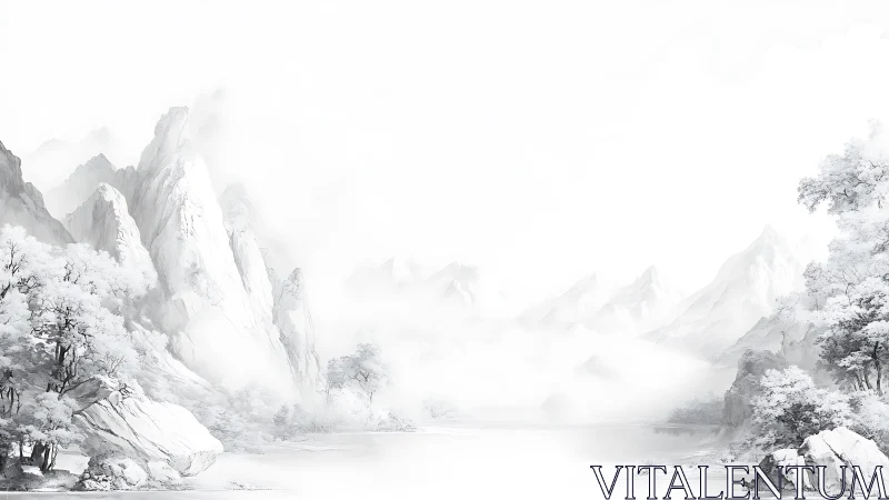 Whispering ink mountains drift through silver morning mist.