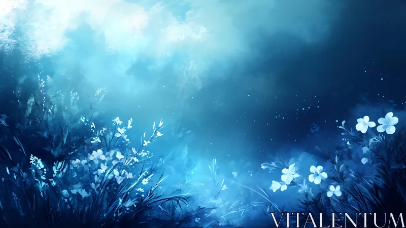 Bioluminescent meadow rendered in cool atmospheric blue gradients