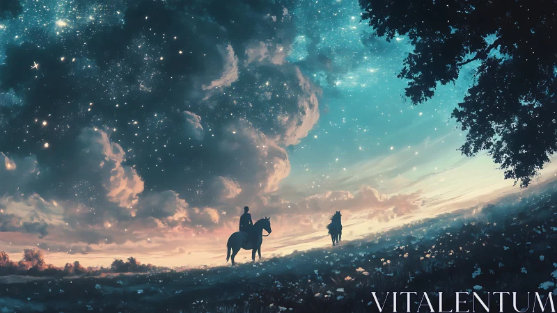 Stargazing riders beneath a dreamy endless twilight sky.